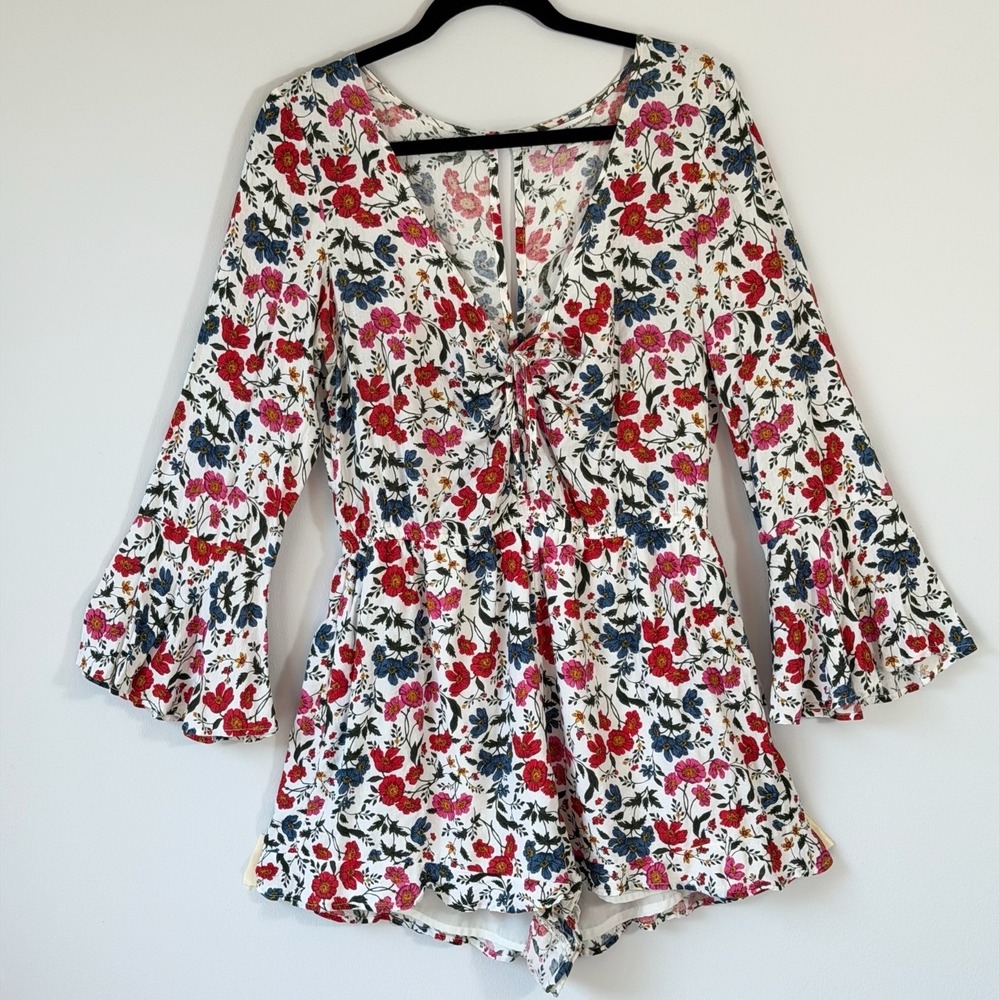 American Eagle Floral Romper Boho Bell Sleeve Festival Cottagecore Peasant Large